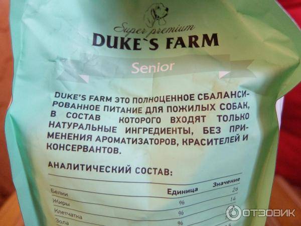 Корма для собак duke’s farm (дюкс фарм): ассортимент, состав, гарантированные показатели производителя, плюсы и минусы кормов, выводы