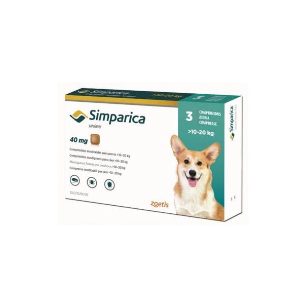 Симпарика 40 мг от блох и клещей для собак 10-20 кг, упаковка 3 таблетки
